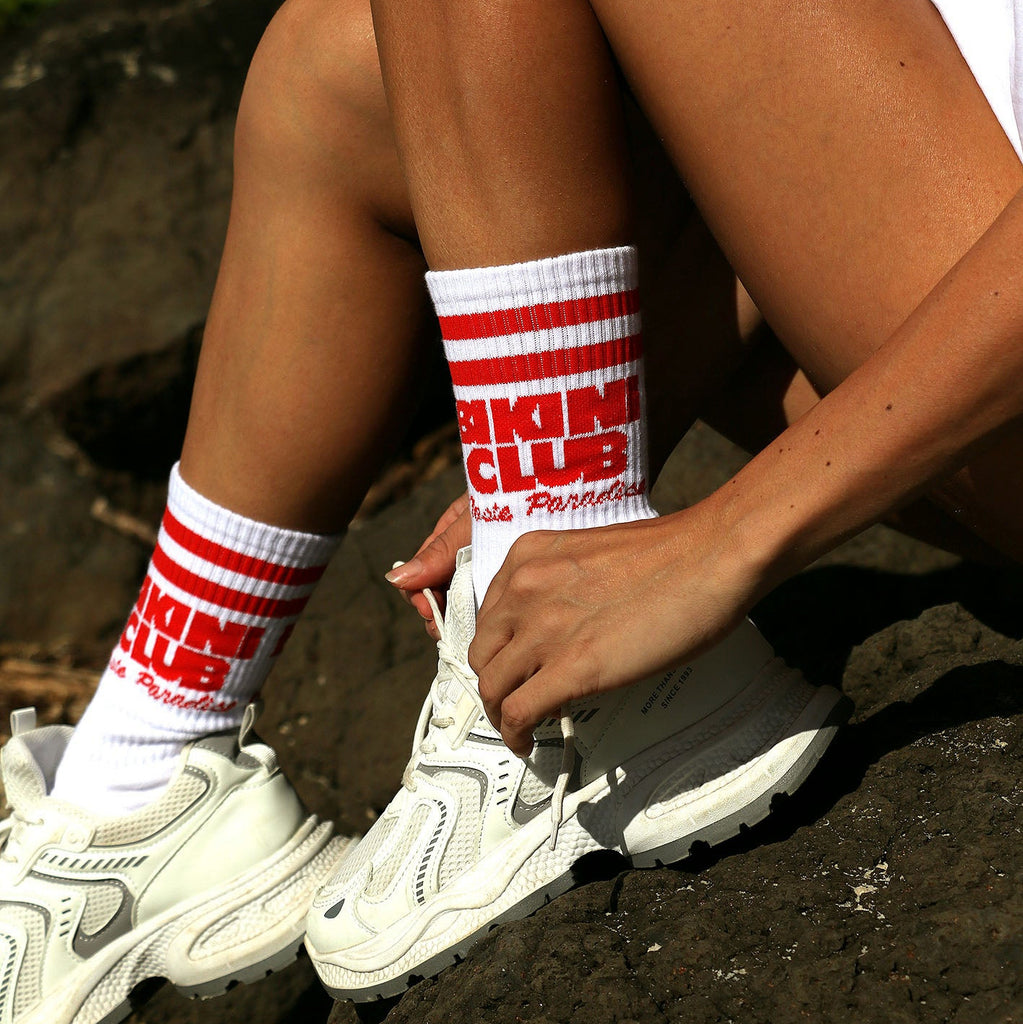 Bikini Club White Sports sock red stripe 