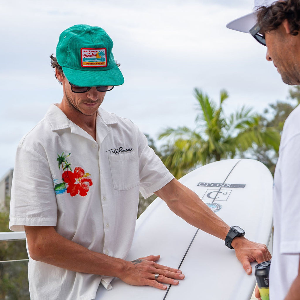 Burleigh Heads white dress party shirt taste paradise hibiscus flower floral cotton palm 