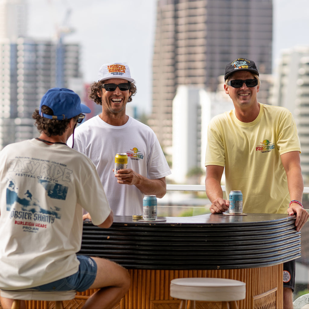 Fantasea Lemon Yellow Sunset seagull T-Shirt tiki Bar Burleigh Heads retro surf 80's vintage twin fin single fin surf tee  hand printed blend gold coast