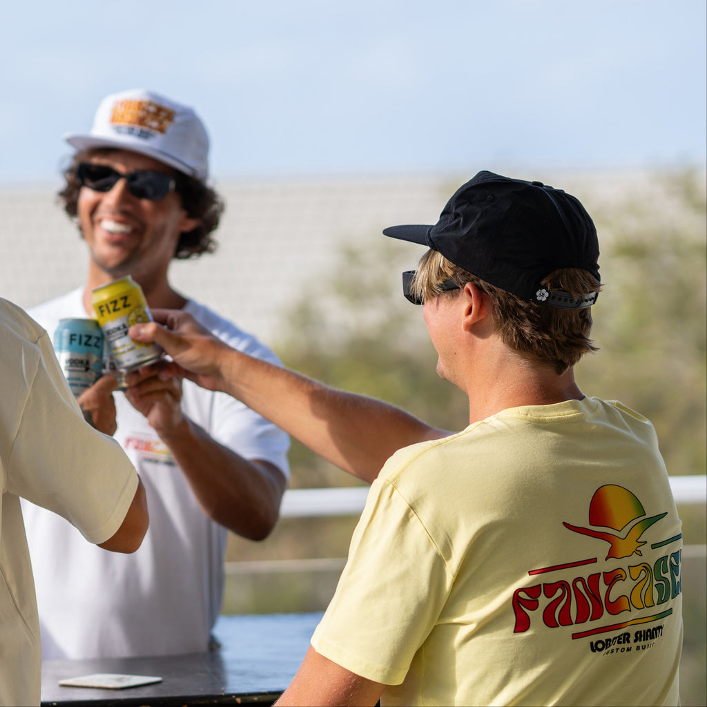 Fantasea Lemon Yellow Sunset seagull T-Shirt tiki Bar Burleigh Heads retro surf 80's vintage twin fin single fin surf tee  hand printed blend gold coast