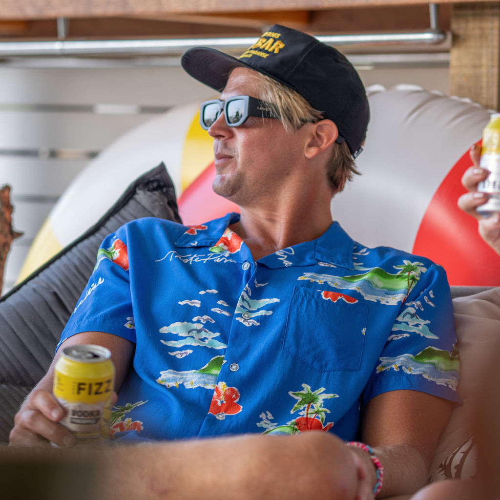 Burleigh Heads blue party shirt Hawaiian print hibiscus flower floral rayon fabric romeo juliet leonardo dicaprio taste paradise palm tree beach